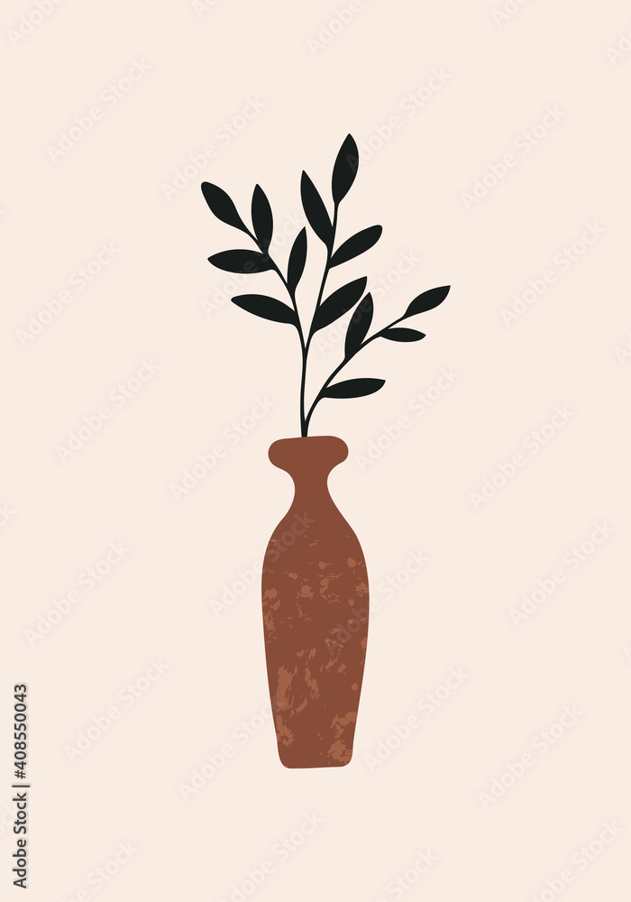 Poster modern abstract wall art with textured vase and plant on light background. vector minimalist hand dr