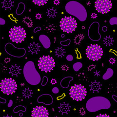 Pattern black Coronavirus, bacteria and viruses. Microcosm, cartoon images of microbes.