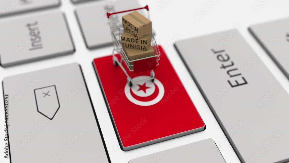 Poster cartons with made in tunisia text and shopping cart on the computer keyboard. conceptual looping 3d 