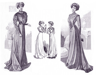 Ladies Fashion 1908, long and elegant lines with corset to achieve a  narrow-waisted figure with full chest, completed with Gibson girl hairstyle, frontal and back view
