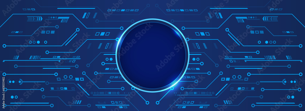 Poster hi tech circuit board design innovation concept. abstract futuristic wide communication vector illus