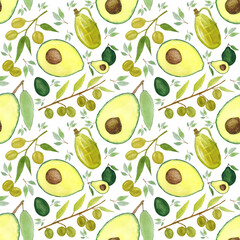 Olives, avocados, halved avocado, olive oil, branches of the olive tree. Seamless pattern with white background. Hand-drawn in watercolour. Can be used for fabric, packaging paper, menu cover, postcar