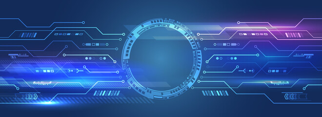 Wide Futuristic sci fi technology background. Hi tech circuit design innovation concept. Abstract communication vector illustration.