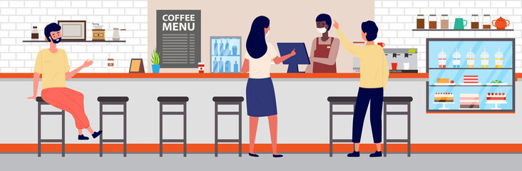 People are ordering food and drink in office canteen. Coffee making equipment. Man is serving visitors. Girl is making an order at checkout. Various types of drinks on the counter of the dining room