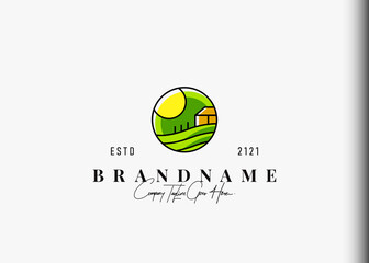 Agriculture field logo design. Vector illustration of farm field and farm house. Modern vintage icon design template with line art style.
