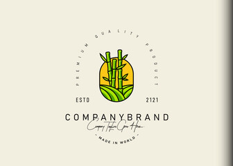 Hill and bamboo logo design. Vector illustration of bamboo forest located between the hills. Modern vintage icon design template with line art style.