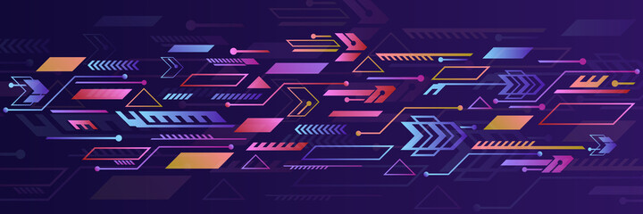 Technology stripe glowing lines. Digital communication. Speed and motion blur over dark  background. Web banner. Hi-tech computer concept. Futuristic illustration of colorful light rays.