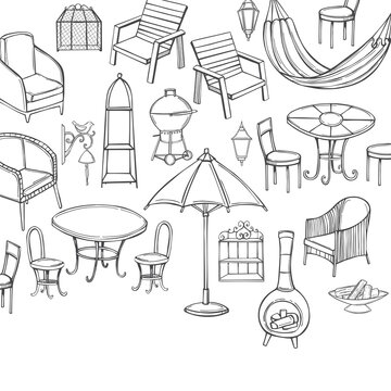 Hand drawn garden furniture. Vector sketch illustration.
