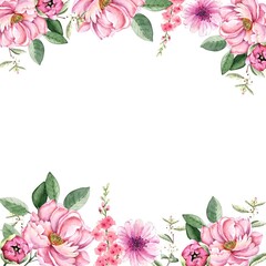 frame border with pink bouquets of watercolor flowers peonies, illustration on white background hand painted for holidays and invitations © Lana