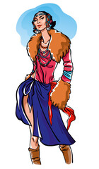 Hand drawn vector fashion illustration of Mongolian or Tibetan girl, wearing ethnic costume with necklace and furs.