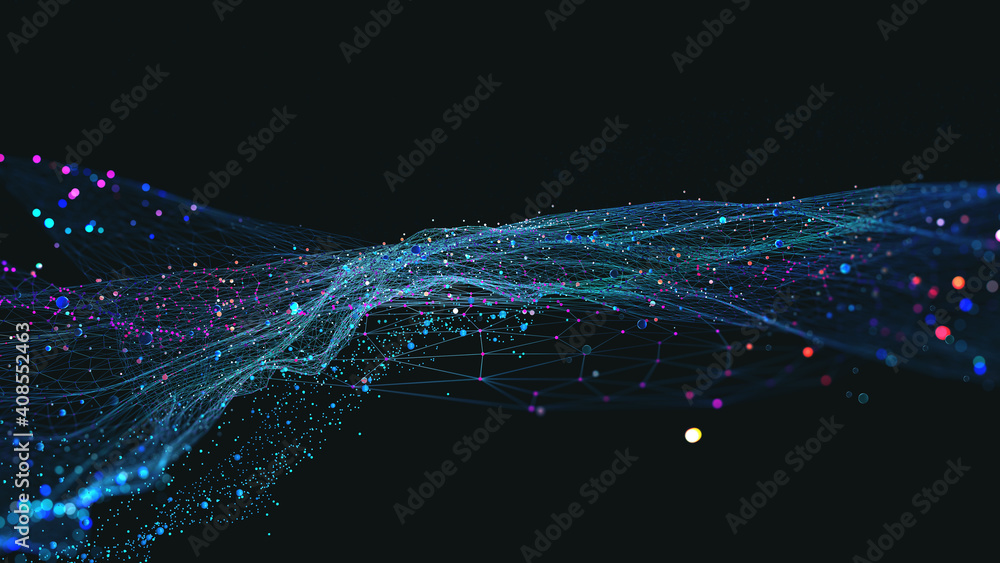 Aufkleber Big data and cybersecurity 3D illustration. Neural networks and artificial intelligence. Information Waves and Global Database. Abstract technological background