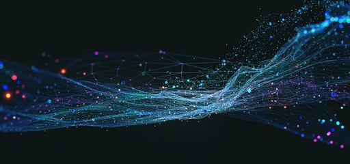 Fotobehang Big Data-concept. Blockchain 3D illustratie. Informatiegolven en de wereldwijde database. Neurale netwerken en kunstmatige intelligentie. Abstracte technologische achtergrond © Siarhei