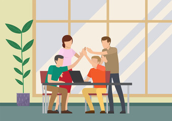 Meeting business people. Teamwork in office with laptop at a table. Businessmen discuss the company s business strategy. Successful project execution, happy colleagues congratulate each other