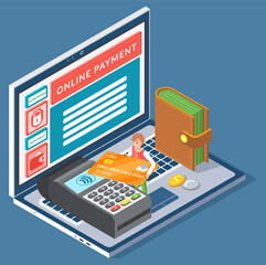Concept of electronic bill and online bank, laptop with online payment application. Payment by means of the payments electronic online. Tiny man payer uses a pos terminal to buy goods in internet