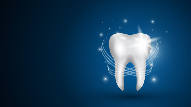 Realistic model of a healthy tooth on a blue background. Teeth whitening concept with glowing effects. Vector 3d