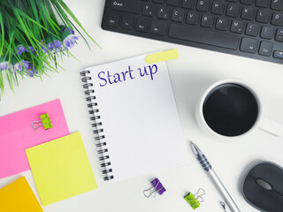 start up flat lay office workspace desk with coffee,blank notebook, electronic devices and computer. organizer mockup concept for blog or header image with space for text or copy space