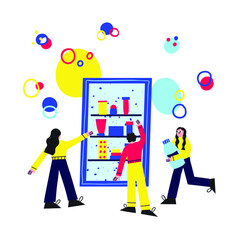 vector illustration - concept of pharmacy and medical supplies.Pharmaceutical showcase.Group of people in a cosmetics store.The characters are buying pills.Isolated on white background - flat style 