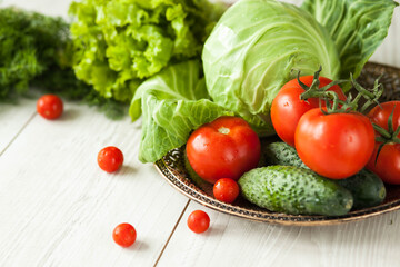Healthy food concept. Fresh vegetables on a white wooden background. Healthy eating. View from above. Copy space.