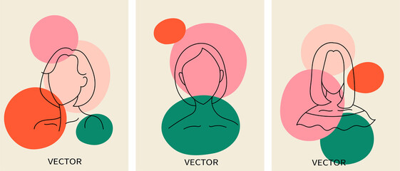  Set of abstract minimalistic female portraits. Vector set of abstract backgrounds with portraits in simple liner style