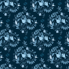Damask seamless pattern with branches, leaves and fantasy fruit on dark blue background for surface design and other design projects