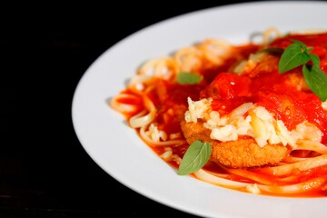 Massa bolonhesa dos espaguetes com molho de tomate, filé de carne, filé frango, vegetais, legumes e carne triturada.