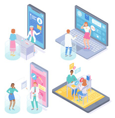 Set of isometric illustrations. Concept of online medical treatment. Consulting with doctors in internet, website, video call, mobile app. Physician, therapist consult patients with health problems