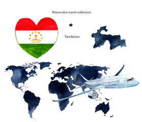 Watercolor hand drawn flag and map of Tajikistan.Blue world map with airplane isolated on white background.Watercolor travel collection.
