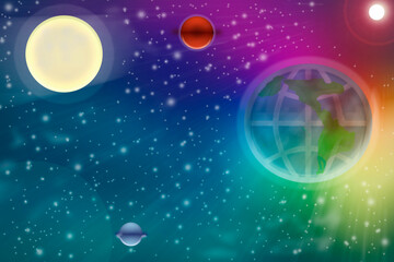 3D rendering. Against the backdrop of many stars, the sun's rays illuminate the planet Earth, the Moon and other planets.