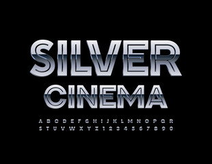 Vector event banner Silver Cinema. Glossy Metal Font. 3D Chrome Aphabet Letters and Numbers set