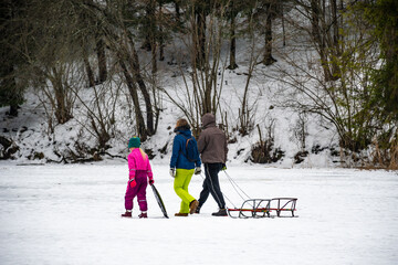 Family with kid or child walking on a frozen lake in winter with sledge and forest on background