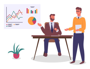 Businesspeople, office workers sitting at table and working at project, plan, colleagues looking at board and discussing presentation with charts, graphics, brainstorming, analysing strategy of work