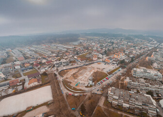 Aerial drone view of construction site of new city blocks in the district of Koseze in Ljubljana,...