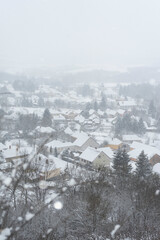 Fototapeta na wymiar Winter in Bakonybel, a small touristic town located in the Bakony mountain range in Hungary (2021 January)