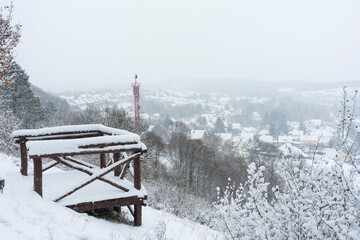 Winter in Bakonybel, a small touristic town located in the Bakony mountain range in Hungary (2021 January)