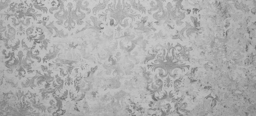 Old gray grey white vintage shabby patchwork damask motif tiles stone concrete cement wall texture background