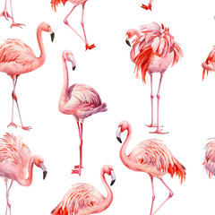 Pink flamingo isolated background, watercolor illustration, seamless pattern