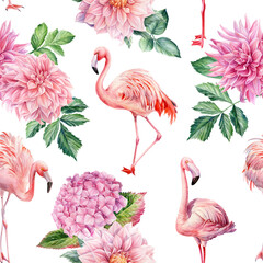 Watercolor seamless pattern. Pink flamingo and flowers isolated background, watercolor illustration. © Hanna