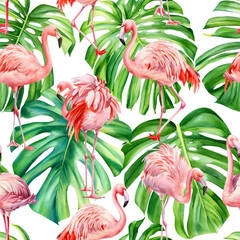 Watercolor tropical seamless pattern with pink flamingo and palm leaves, monstera leaf. Jungle design