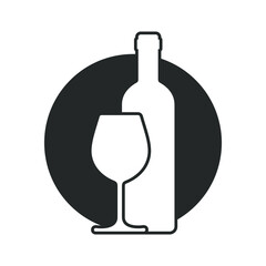 Wine bottle and glass graphic icon. Wine production sign in the circle isolated on white background. Vector illustration