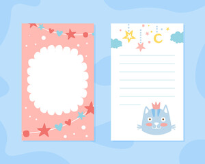 Cute Childish Note Sheet, Template for Congratulation, Invitation, Cover, Notebook, Planning Page, Organizer for Kids with Cute Funny Cat Vector Illustration