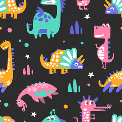 Cute Colorful Dinosaurs Abstract Seamless Background, Fabric, Wallpaper, Wrapping Paper, Textile, Background Design Vector Illustration