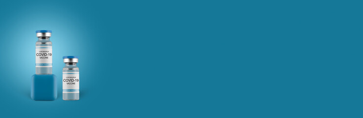 Creative design for coronavirus vaccine background. Vial of covid-19 vaccine on a blue background. Treatment, fighting the pandemic. Banner.
