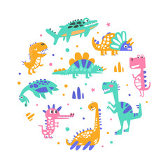 Cute Colorful Dinosaurs in Circular Shape Banner Template, Cover, Poster, Invitation Card, Flyer Design with Funny Childish Prehistoric Creatures Vector Illustration