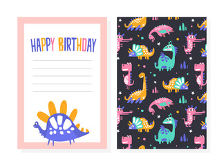 Birthday Party Card Template, Invitation, Greeting Card with Cute Colorful Dinosaurs Seamless Pattern Vector Illustration
