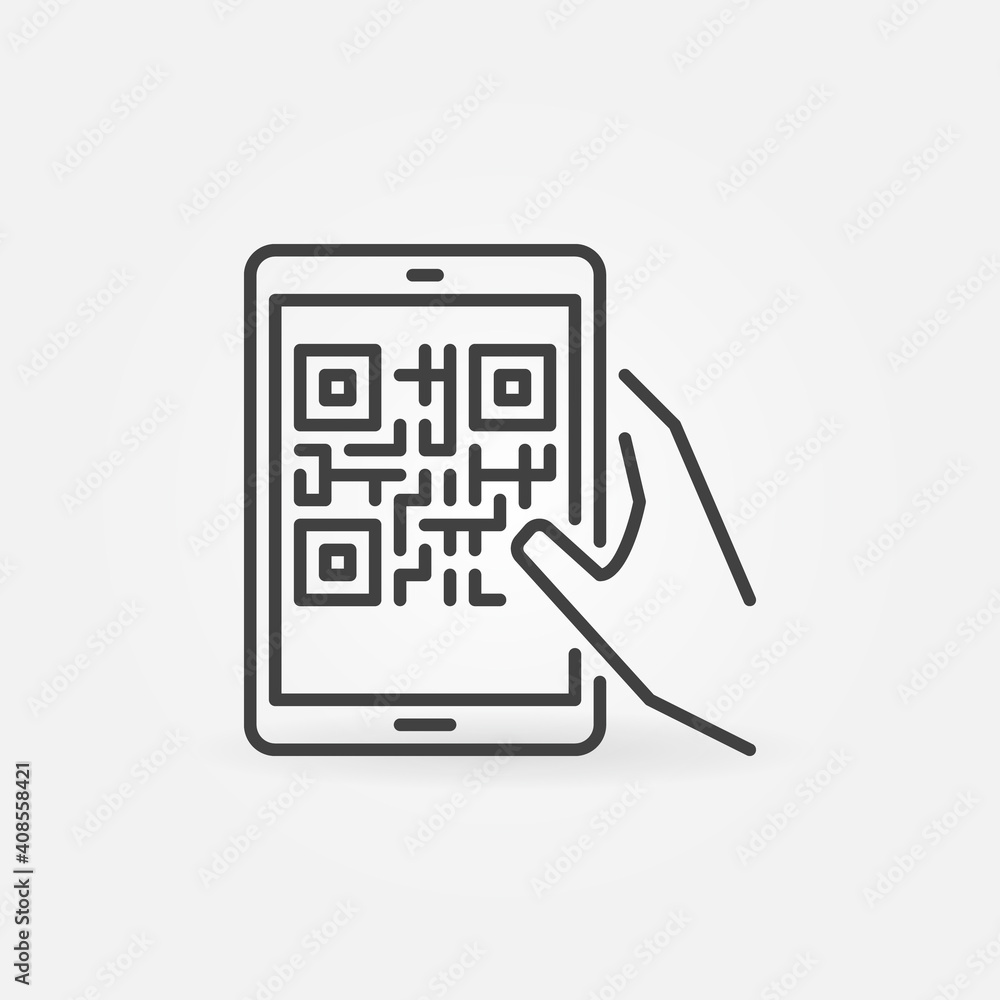 Poster hand holding tablet with qr code vector thin line concept icon or design element