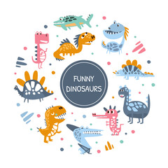 Funny Dinosaurs in Circular Shape Banner, Cover, Poster, Invitation Card, Flyer Design Template with Colorful Prehistoric Creatures Vector Illustration