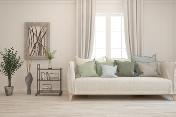 Fototapeta premium White living room with sofa. Scandinavian interior design. 3D illustration