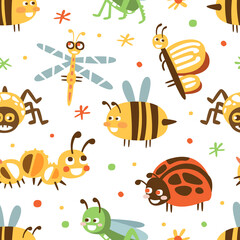 Cute Insects Seamless Pattern, Fabric, Wallpaper, Wrapping Paper, Textile, Background Design Cartoon Vector Illustration