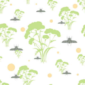 Seamless pattern with plants and bugs silhouettes. Botanical ornament with plants and insects on white and transparent backgrounds.