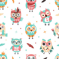 Cute Colorful Hand Drawn Owlets Seamless Pattern, Fabric, Wallpaper, Wrapping Paper, Textile, Background Design Cartoon Vector Illustration